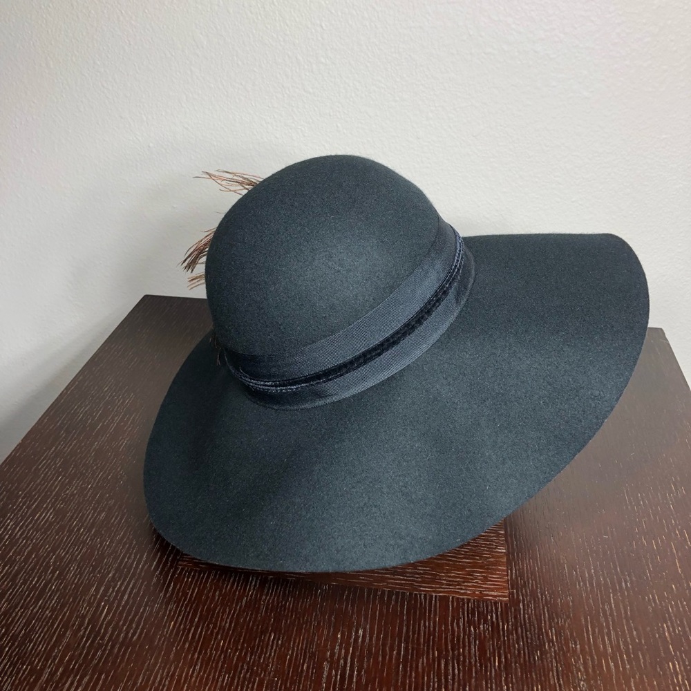 Cynthia Rowley Wool Black Fedora Cloche Wide Brim Peacock Feathers bohemian Hat - Picture 5 of 14